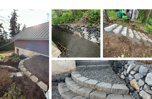 Coordinated stonework with patios, walkways, and landscaped areas.